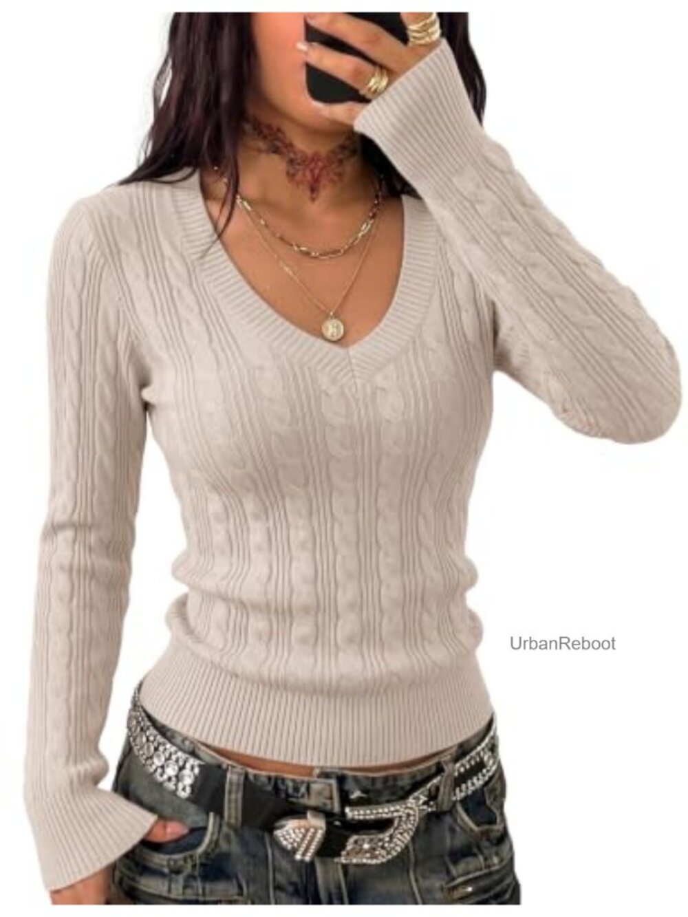 Women's Cable Knit V-Neck Slim Fit Long Sleeve Pullover Sweater